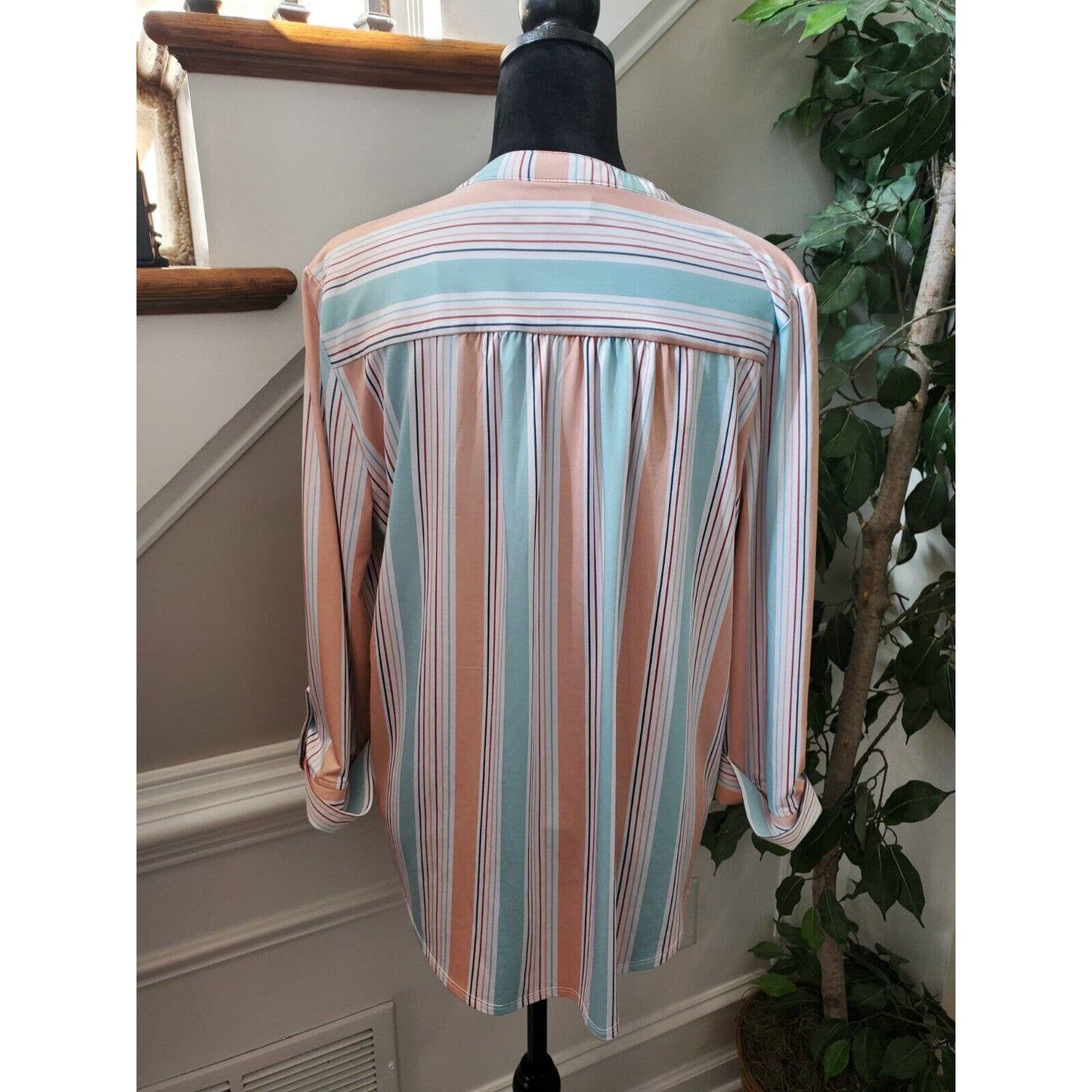 New Direction Women Multicolor Striped Polyester Long Sleeve Casual Top Shirt XL