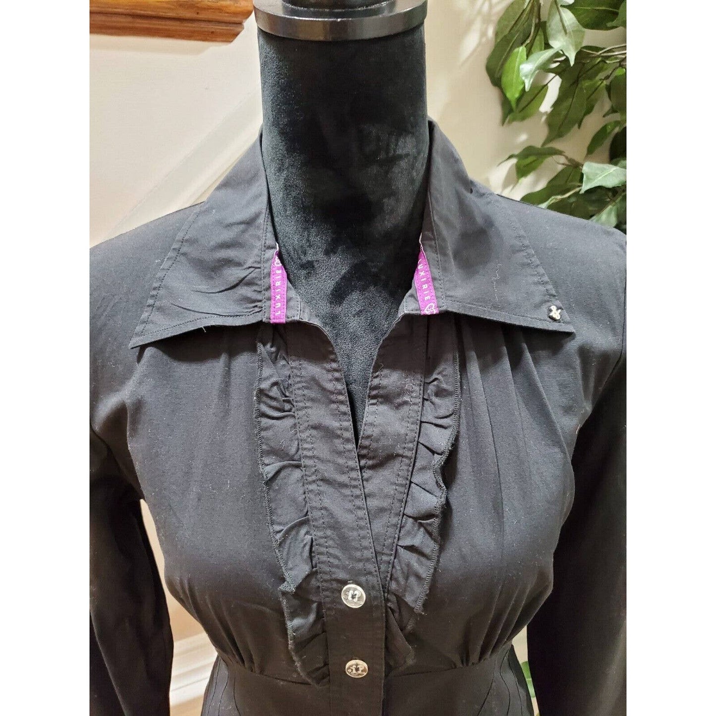 Luxire Women Black Cotton Collared Long Sleeve Button Down Casual Shirt Size XL