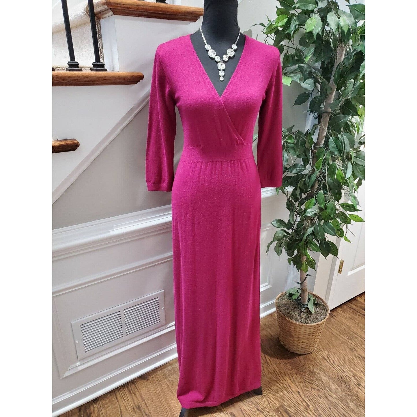 Old Navy Women's Pink Cotton & Nylon Long Sleeve V-Neck Long Maxi Dress Size M