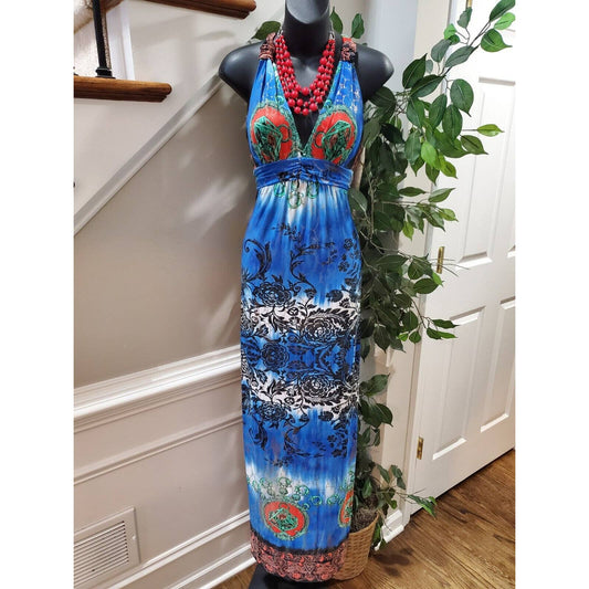 Miss California Women's Blue Polyester V-Neck Sleeveless Long Maxi Dress Size M