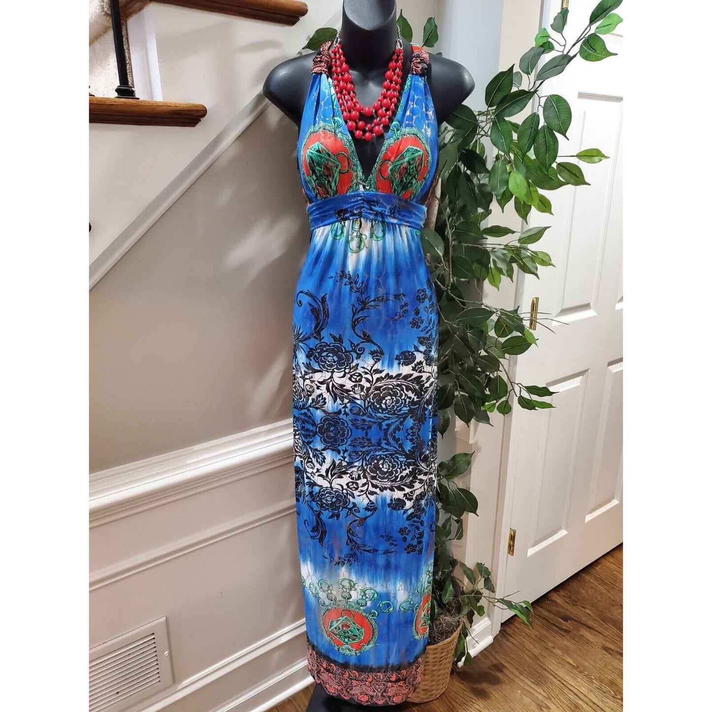 Miss California Women's Blue Polyester V-Neck Sleeveless Long Maxi Dress Size M