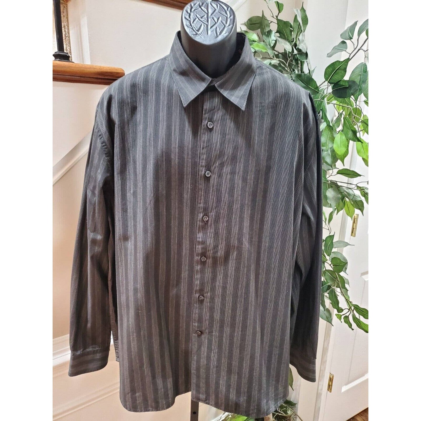 Perry Ellis Men Gray Striped Cotton Collared Long Sleeve Buttons Down Shirt 2XL