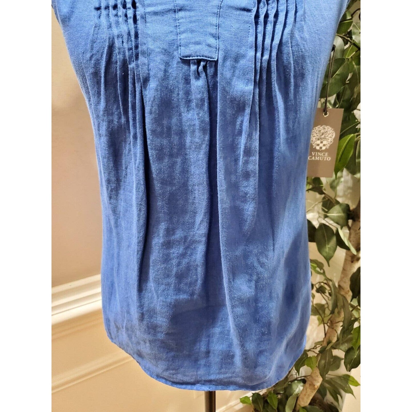 Vince Camuto Women's Blue 100% Linen V-Neck Sleeveless Casual Pullover Shirt 2XS