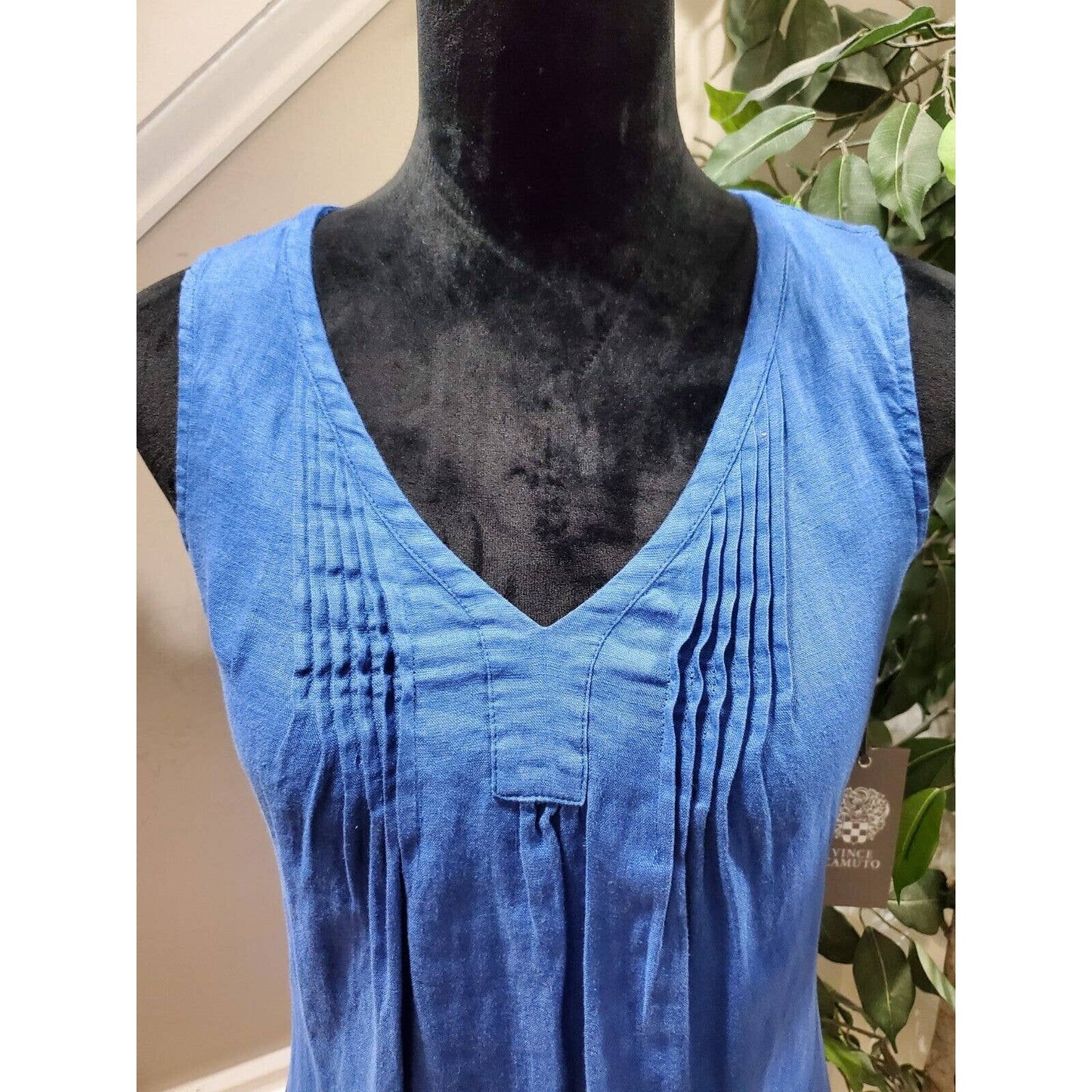 Vince Camuto Women's Blue 100% Linen V-Neck Sleeveless Casual Pullover Shirt 2XS