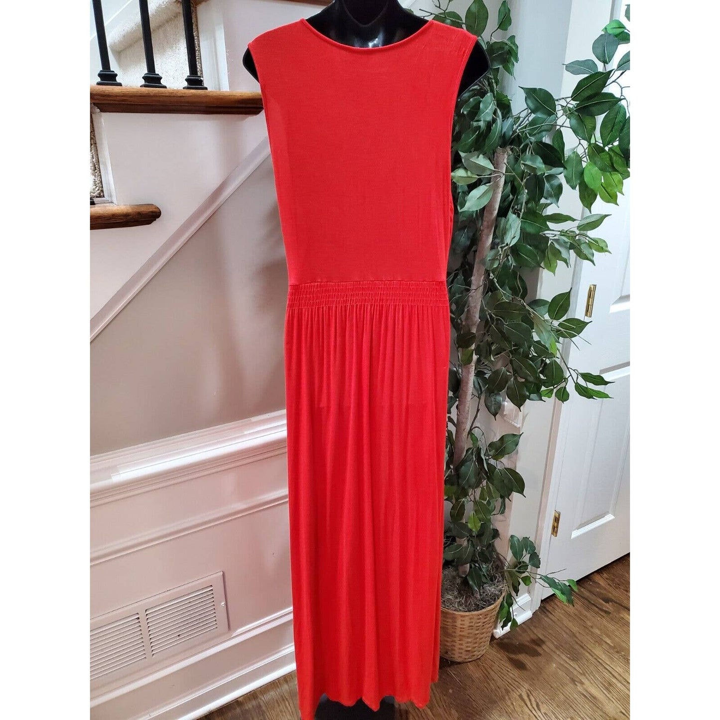 Spense Women's Solid Red Viscose V-Neck Sleeveless Long Maxi Dress Size X-Large