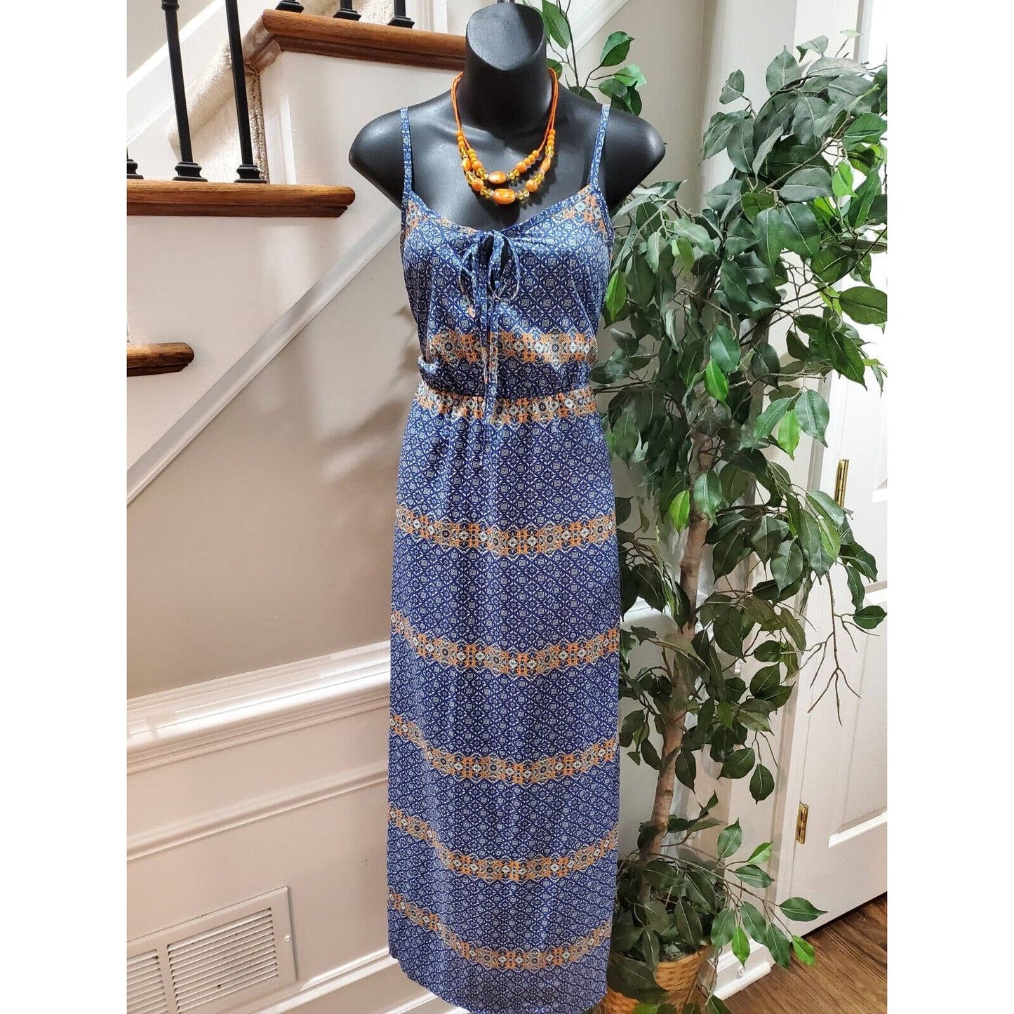 Peach Royal Women Blue Polyester Square Neck Sleeveless Casual Long Maxi Dress M